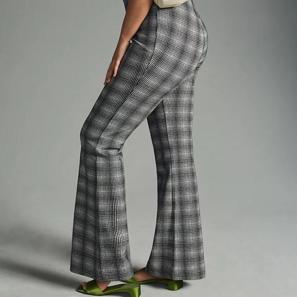 Maeve Anthropologie Plaid Flare Pants Black White High Rise Stretch Large - Picture 1 of 9